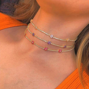 Collier ras du cou pour femmes, plaqué or, coloré, arc-en-ciel, zircon cubique, fleur, breloque fine, chaîne de Tennis, <span class=keywords><strong>32</strong></span> + 10CM, à la mode - Product Image 1