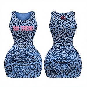 Top sexy sin mangas ajustado hasta la rodilla con estampado de leopardo, color caramelo, de punto, cintura natural, escote redondo, ropa de club - Product Image 2