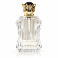 Flacon de parfum en verre côtelé vertical de 100 ml, rechargeable, avec pompe, bouchon rectangulaire doré en forme de couronne, brume de parfum de luxe