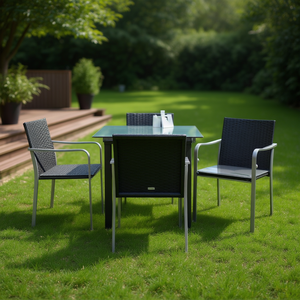 Black Poly <b>Rattan</b> Steel Garden <b>Dining</b> Set With Tempered Glass <b>Table</b> For Outdoor Use Contemporary Design Weather Resistant - Product Image 2