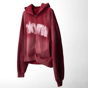 Sudadera con capucha roja vintage con cremallera completa, corte cropped, lavado ácido, 100% algodón French Terry estampado, efecto desgastado por el sol para hombre - Product Image 1