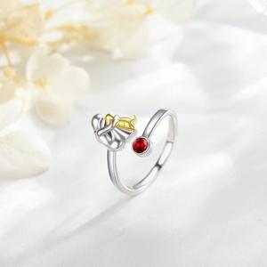 Anillo Abierto de Plata de Ley 925 con Circonita Roja Redonda, Diseño de Perro y Niña, para Amantes de Mascotas - Product Image 3