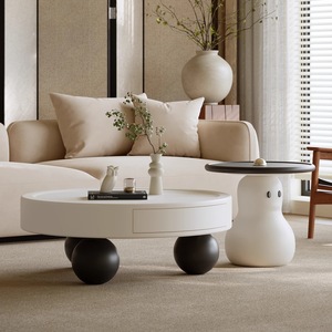 Cream <strong>Nesting</strong> Coffee <strong>Table</strong> Set: Italian Minimalist Lacquered <strong>Round</strong> Side <strong>Tables</strong>, Designer High-Gloss Center <strong>Table</strong> for Home - Product Image 4