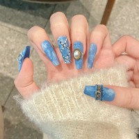 Faux Ongles Artificiels Cercueil Extra Longs Bleus Faits Main à Coller ABS 10 Pièces – Kit de Faux Ongles 3D Bleus avec Motifs