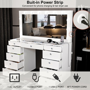 Table de Toilette Coiffeuse Moderne Luxe Grande Blanche en Bois et Verre avec Miroir Éclairé LED et Tiroirs pour <span class=keywords><strong>Chambre</strong></span> - Product Image 3