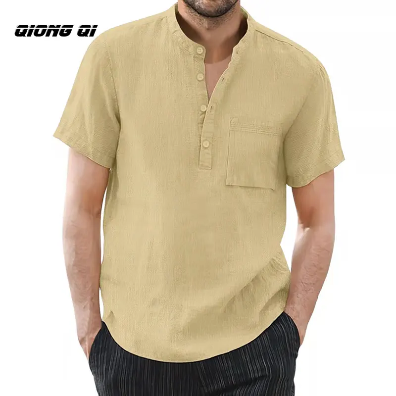 2024 Casual Men's Loose Shirt Men Standing Collar Cotton Linen Short Sleeve Solid Color T-Shirt Men