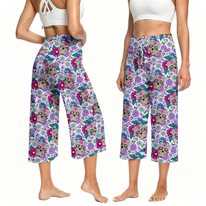 Pantalon Capri Taille Haute pour Femme, Imprimé Floral Crâne de Sucre, avec Cordon de Serrage, Motif Ethnique, Jambe Large, pour Yoga et Tenue d'Été - Product Image 1