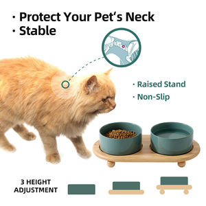 Shamitao Çevre Dostu Seramik Kedi Köpek Mama ve Su Kabı Bambu Standlı Yükseltilmiş Tabak Yuvarlak Şekilli Servikal Omurga Dostu Evcil Hayvan Mama Kapları Besleyiciler - Product Image 3