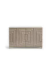 Buffet moderne en bois massif gris clair à 4 portes avec motif en relief, armoire de rangement pour salon et salle à manger