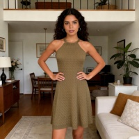 Robe sexy en maille à col halter taille unique pour femme ; Robe d'été unie texturée en lin sans manches, coupe trapèze épaisse et élégante
