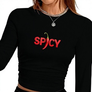 Camiseta de Manga Larga para Mujer, Color Rojo Intenso, Estilo Y2K, Tejido de Punto, Estampado, Cuello Redondo, Spandex/Poliéster - Product Image 1