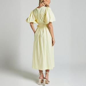 Robes décontractées mi-longues en <span class=keywords><strong>lin</strong></span> pur à 100 % pour femmes, couleur prune foncé, col en V, manches bouffantes courtes, style ample et bon marché, avec ceinture et poches - Product Image 6