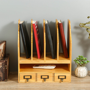 Wooden <b>File</b> Rack With <b>Drawers</b> 4 Tier Desk Organizer For Office Documents Books Natural Wood Color Standing Type - Product Image 2