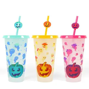 Peiway Halloween chai nước 24oz PP chất liệu Quà Tặng Tùy chỉnh màu sắc thay đổi bí ngô cup với nắp rơm chai nhựa