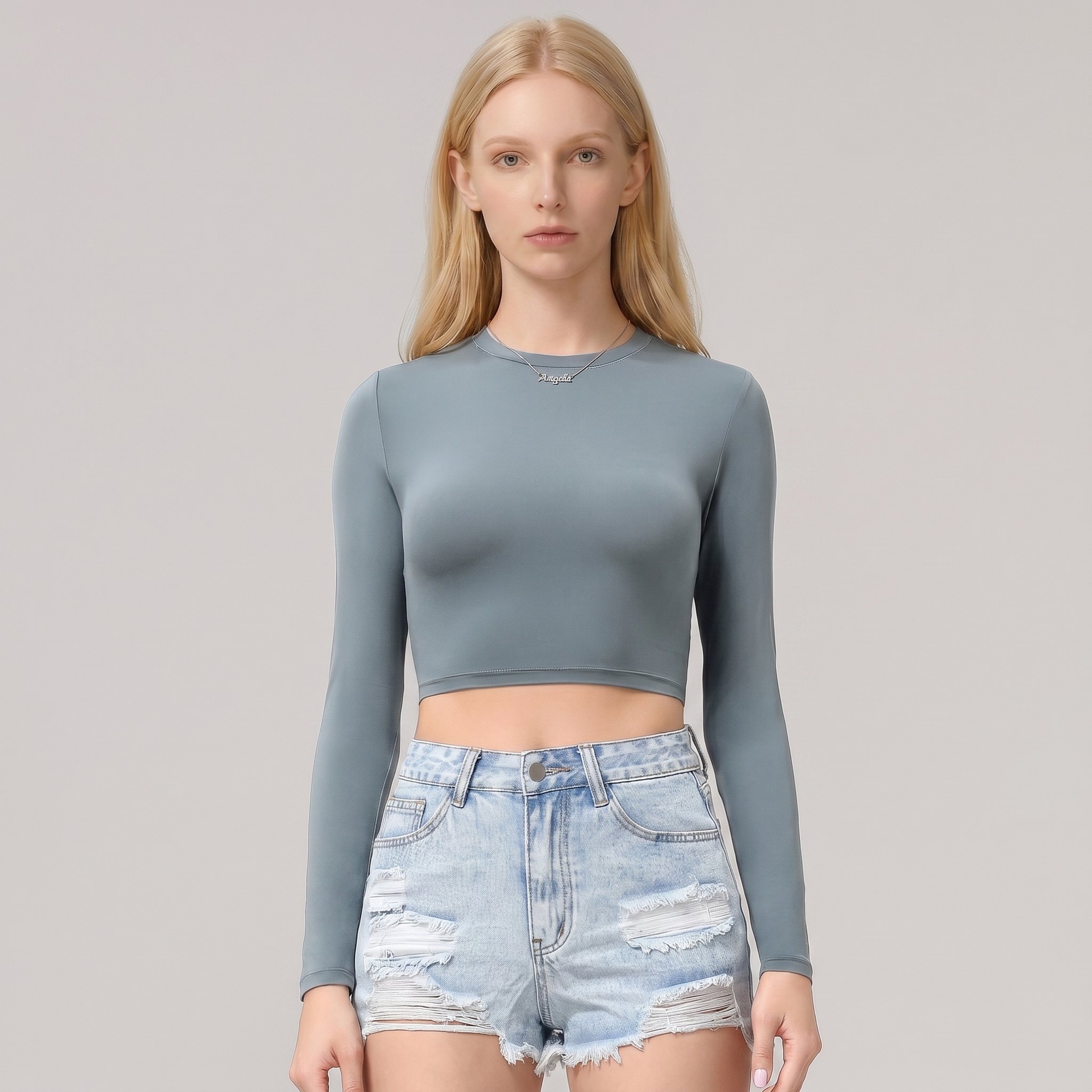 Women's Slim-fit Spandex/Nylon Crew Neck Quick-drying Long-sleeved Yoga Sports T-shirt Solid Color