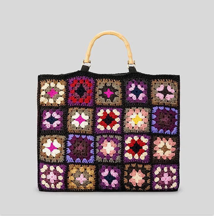 Fashion crochet woven women tote bag Vintage retro knitted lady handbag Cotton Bamboo Handle handbag large capacity splicing