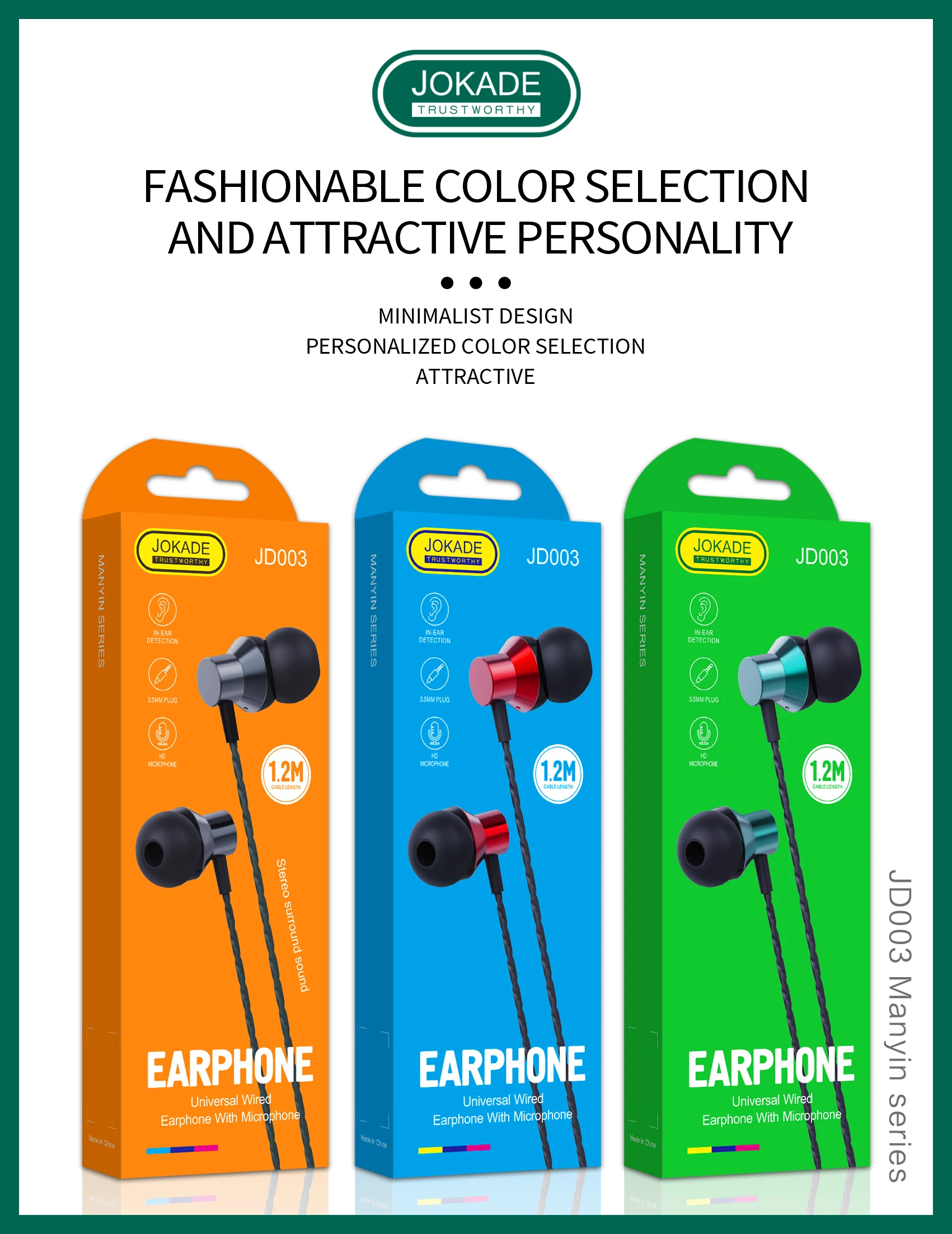 KAKUSIGA&JOKADE  universal wired earbuds 3.5mm earphone 1.2m earphone with mic earbud in-ear headphones