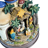 Figurine de château de la Nativité à deux niveaux en résine avec lumières LED et musique, décoration de Noël rotative