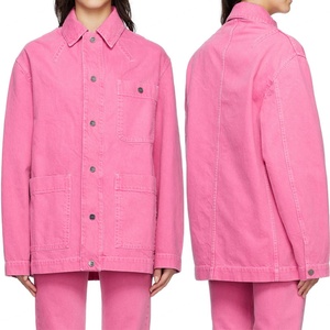 Veste en jean surdimensionnée pour femme avec fermeture à boutons pression, grandes poches à rabat, logo personnalisé, veste en denim rose en coton - Product Image 6