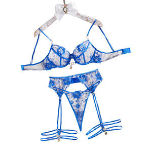 Nuevo Conjunto de Lencería Sexy de Encaje Azul para Mujer, Sujetador y Braguita Bordados Transparentes, Liguero, Conjunto de Ropa Interior de 4 Piezas de Estilo Exótico - Product Image 6