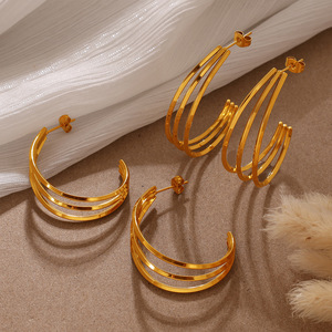 C-Shaped Gold Plated Stainless Steel <b>Cuff</b> <b>Earrings</b> For Women Minimalist Multi Layer Fashion Jewelry - Product Image 1