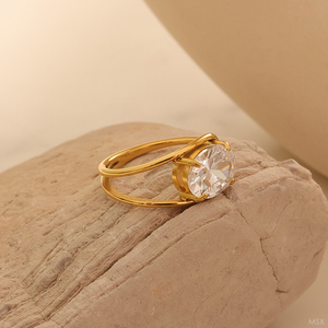 <span class=keywords><strong>Bague</strong></span> pour <span class=keywords><strong>femme</strong></span> en acier inoxydable plaqué or 18 carats de haute qualité, avec grand zircon ovale superposé et barre en zircone cubique, étanche - Product Image 5