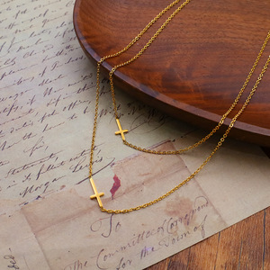 Double Layer <b>Cross</b> Necklace Gold Titanium Steel Geometric Pendant Women's Everyday Wear Clavicle <b>Chain</b> - Product Image 1