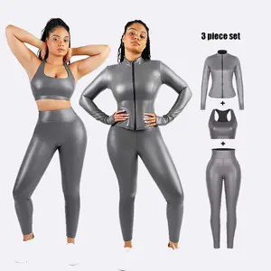private label long sleeve Wholesale Silver Film Sauna workout sets fitness gym fitness yoga wear tracksuit activewear for women