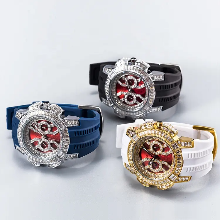 Dropshipping Trendy Red Dial Fashion Baguette Diamond Silicone Strap Quartz Watches For Male