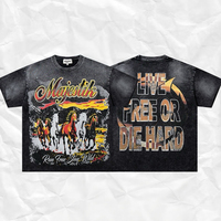T-shirt vintage pour homme en coton 100% avec effet délavé, imprimé numérique de cheval et design streetwear orné de strass
