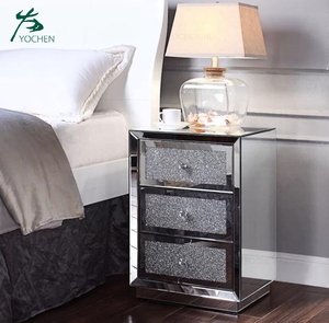 Diamonds Crushed 3 Drawers Glass <strong>Mirrored</strong> Nightstand Bedroom <strong>Bedside</strong> <strong>Cabinet</strong> with Crystal Handles - Product Image 1