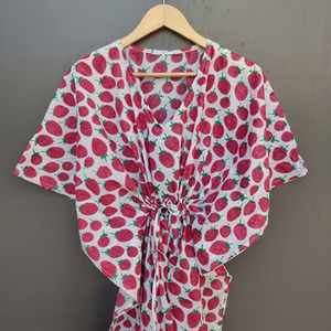 Caftán de Algodón para Mujer, Vestido de Verano de Manga Corta con Cuello en V, Estampado de Lunares, Largo Completo, Cierre de Encaje, Tejido Suave con Estampado a Mano - Product Image 5