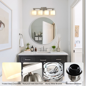 Applique da Bagno Moderna a 4 Luci con Finitura Nichel e Paralume in Vetro Bianco Latte per Bagni e Camere da Letto - Product Image 6