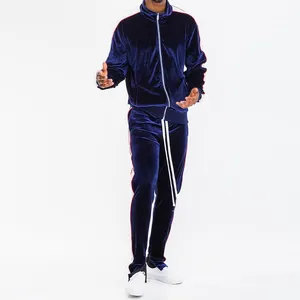 Pakaian Grosir OEM Kustom 50Pcs MOQ Kecil Velour Pakaian Olahraga Set Dua Potong Beludru Pria Track Suit untuk Anak Laki-laki