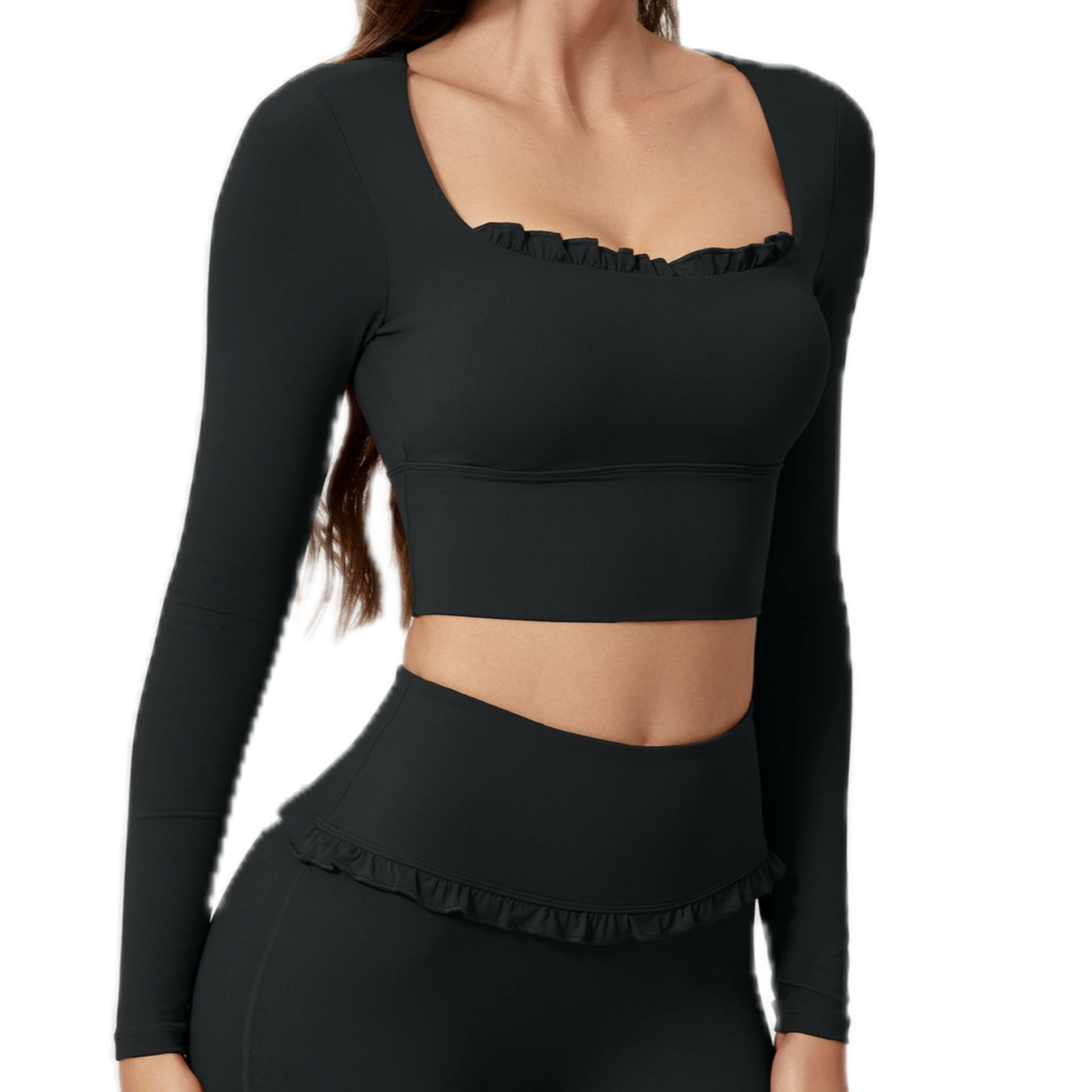 High Quality Black Yoga Bra Top with Long Sleeve Elastic Waist Fitness Gym Wear for Women Four-Way Stretch Plus Size Summer Sets