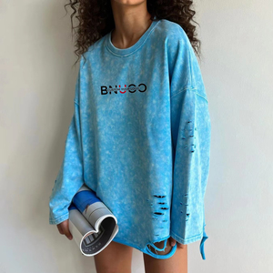 À la mode <span class=keywords><strong>femme</strong></span> <span class=keywords><strong>T</strong></span>-<span class=keywords><strong>Shirt</strong></span> femmes Vintage à manches longues en détresse lavage à l'acide surdimensionné <span class=keywords><strong>T</strong></span>-<span class=keywords><strong>Shirt</strong></span> respirant pour les filles - Product Image 2