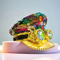 Chapeaux de Capitaine Arc-en-ciel à Paillettes Personnalisés (3 MOQ) avec Lunettes Steampunk Bleues et Bord Doré – Casquettes de Fête Rave pour Femmes – Vente en Gros