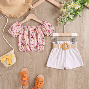Girls 'mùa hè quần áo tinh khiết bông hoa đàn hồi đóng cửa hàng đầu + Dệt quần short với linen dệt Vành Đai bao gồm - Product Image 3