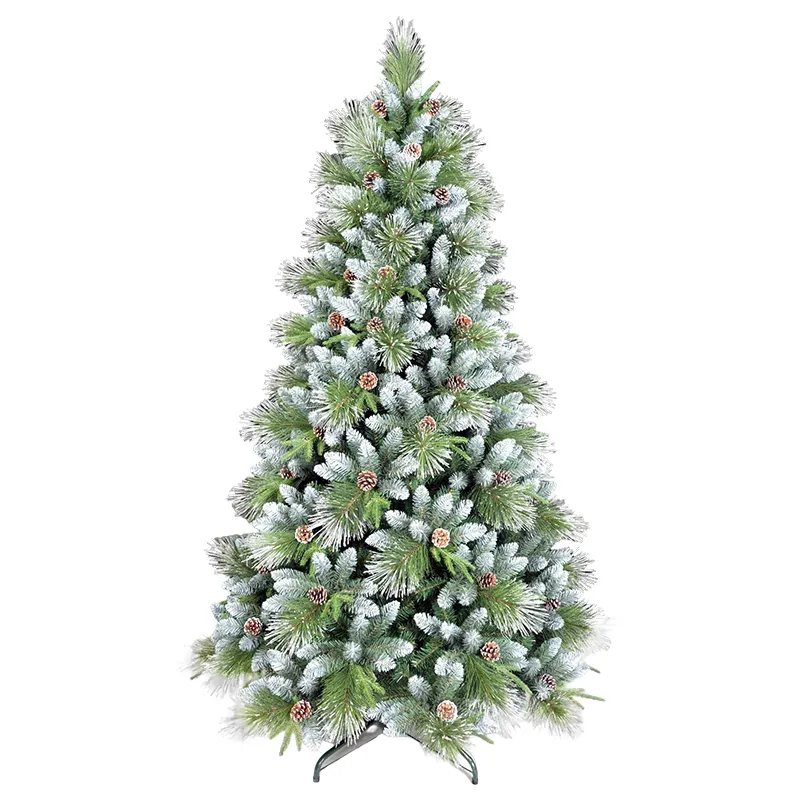 New Design Pine Cones Decorated Lush PVC Pine Needle Mixed Plastic Christmas Tree Flocked