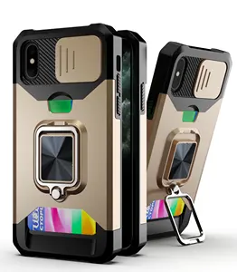 Casing ponsel antiguncangan 2 dalam 1TPU + polikarbonat, casing pelindung lensa jendela geser pemegang kartu cincin untuk iPhone X/iPhone XR/ 12 Pro Max