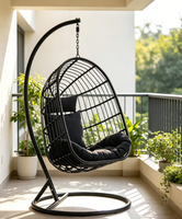 Fauteuil suspendu en rotin noir pour extérieur avec support, chaise balançoire de patio avec coussin pour jardin et balcon