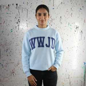 WWJD Sky Blue Hooded Sweatshirt <b>Navy</b> Blue Applique Embroidery Wide Neck CLUSH SPORTS 100% Cotton Winter - Product Image 1