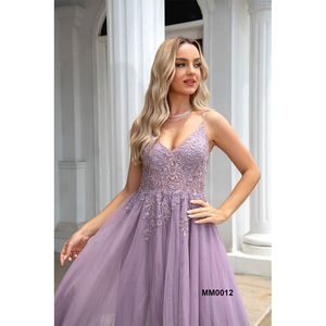 Commerci all'ingrosso abiti da donna formali viola abiti da sera abito da sera da donna con scollo a V Sexy in Chiffon di Tulle con spacco laterale - Product Image 3