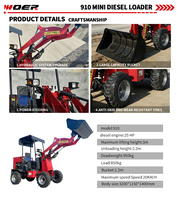 Mini chargeuse sur chenilles diesel Woer-910, compacte, petite, pour l'agriculture, le jardin, pelle avant, équipement hydraulique avec accessoires