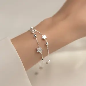 Vòng Tay & Vòng Tay Charm Hạt Tròn Ngôi Sao Zircon Hai Lớp Bằng Bạc Sterling 925 Cho Nữ Trang Sức Thanh Lịch