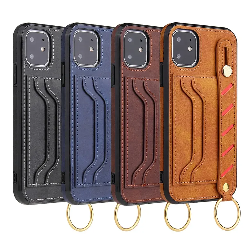 luxury wholesale skin leather tpu stand wristband case for iphone 11 car slot phone cover for iphone 12