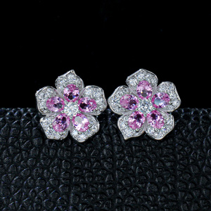 925 Sterling Silver Pink Sapphire CZ Flower <b>Stud</b> Earrings Women Fashion Jewelry - Product Image 3