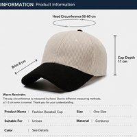 Gorra de Béisbol Clásica Americana de Dos Tonos con Visera Curva, de Pana, con Logotipo Bordado en 3D Personalizado
