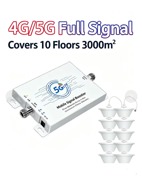 Mobile Signal Booster 900/1800/2100MHz 2G 3G 4G 5G Tri-band GSM DCS WiFi Repeater Model Basement Use 1000sqm Coverage White 4