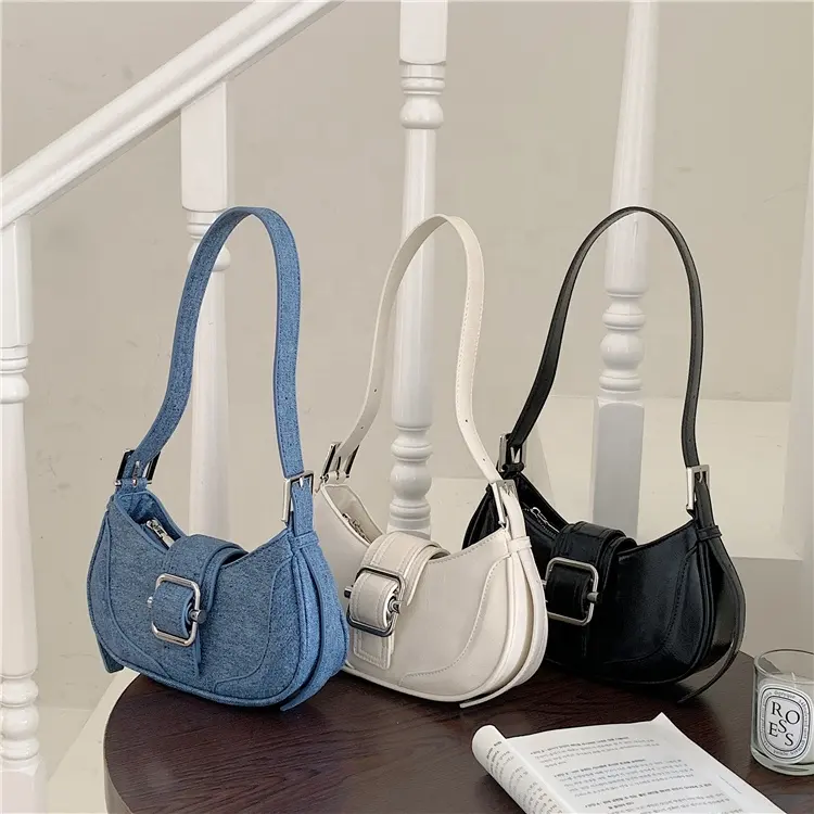 Fashion Retro PU Leather Women Handbag Luxury Denim Blue Designer Hand Bag Wool Joining Leather Ladies Underarm Shoulder Bag